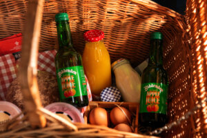 Picnic basket with apple juice milk